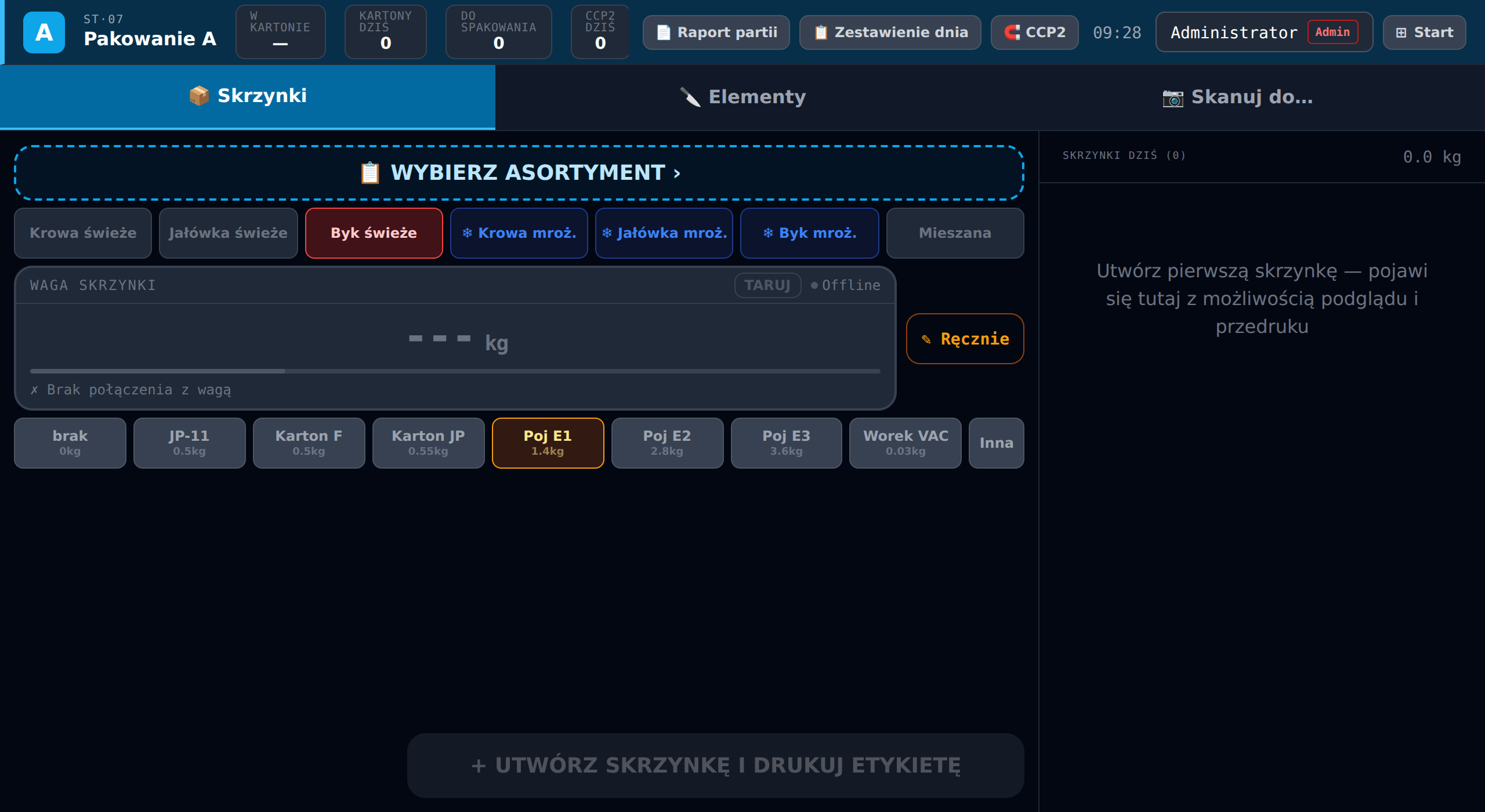Stanowisko pakowania — waga, pojemnik, kategorie i wydruk etykiety skrzynki